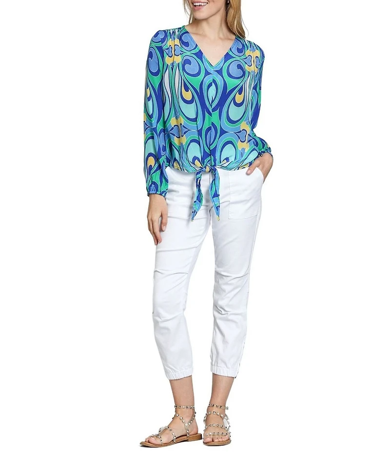 APNY Woven Abstract Print V-Neck Long Sleeve Tie Front Top
