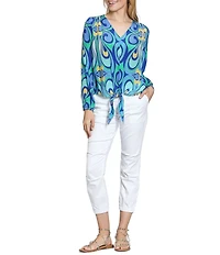 APNY Woven Abstract Print V-Neck Long Sleeve Tie Front Top