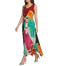APNY Woven Abstract Print V-Neck Sleeveless Maxi Tank Dress