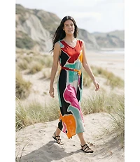 APNY Woven Abstract Print V-Neck Sleeveless Maxi Tank Dress