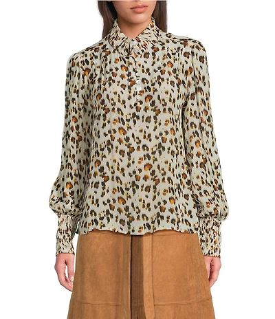 APNY Woven Animal Print High Neck Long Sleeve Top