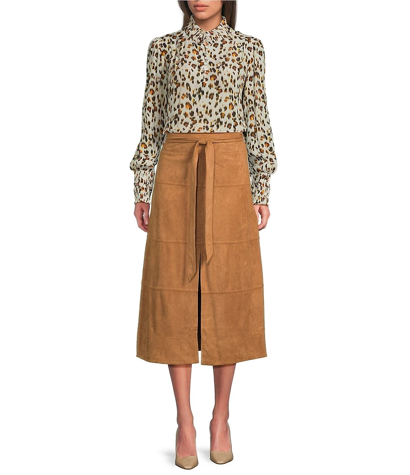 APNY Woven Animal Print High Neck Long Sleeve Top