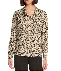 APNY Woven Animal Print Point Collar Long Sleeve Shirt