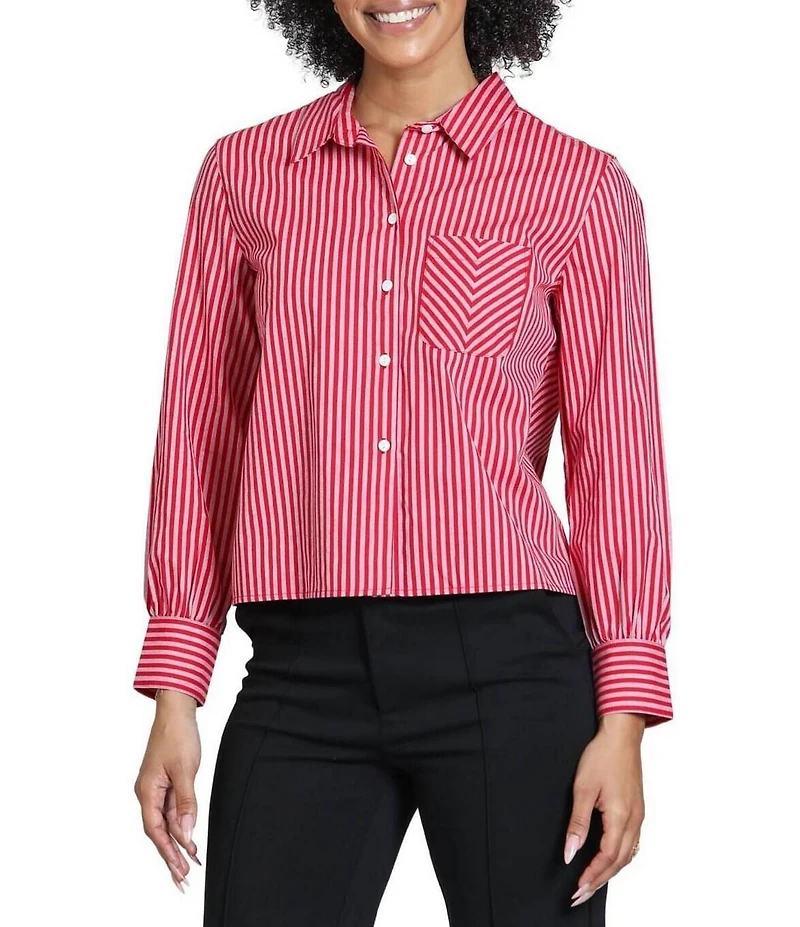 APNY Woven Chevron Stripe Point Collar Long Sleeve Crop Length Shirt