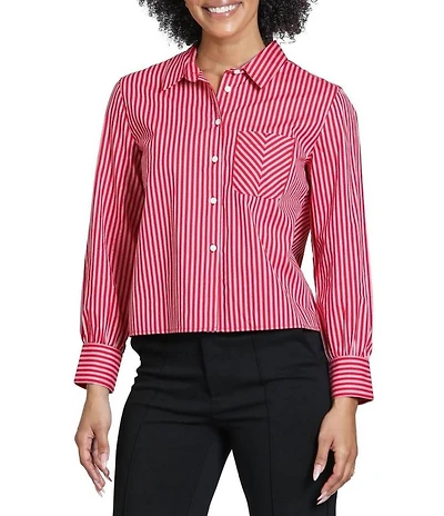 APNY Woven Chevron Stripe Point Collar Long Sleeve Crop Length Shirt