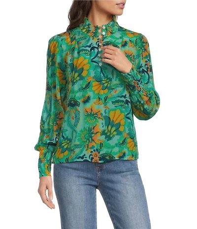 APNY Woven Floral Print High Neck Long Puff Sleeve Ruched Blouse