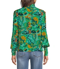 APNY Woven Floral Print High Neck Long Puff Sleeve Ruched Blouse