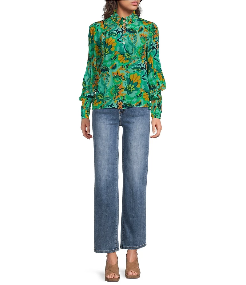 APNY Woven Floral Print High Neck Long Puff Sleeve Ruched Blouse