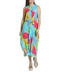 APNY Woven Floral Print Mandarin Collar Sleeveless Belted Shirt Midi Dress