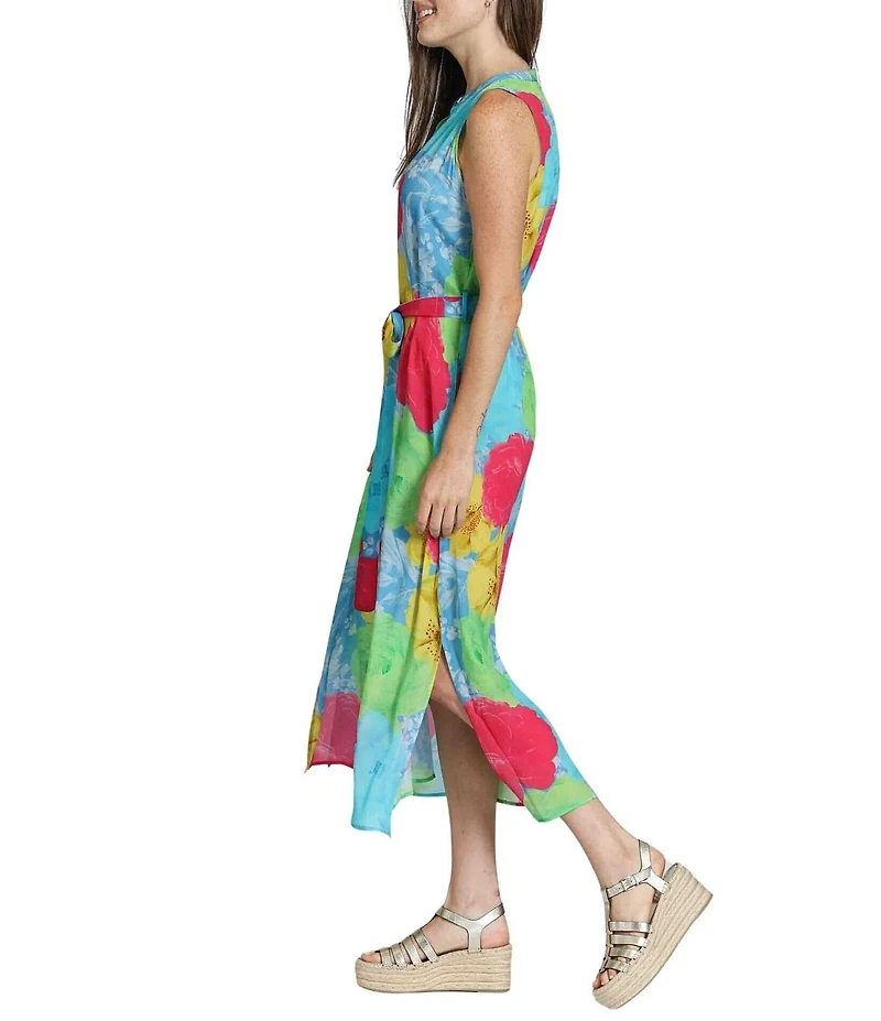 APNY Woven Floral Print Mandarin Collar Sleeveless Belted Shirt Midi Dress