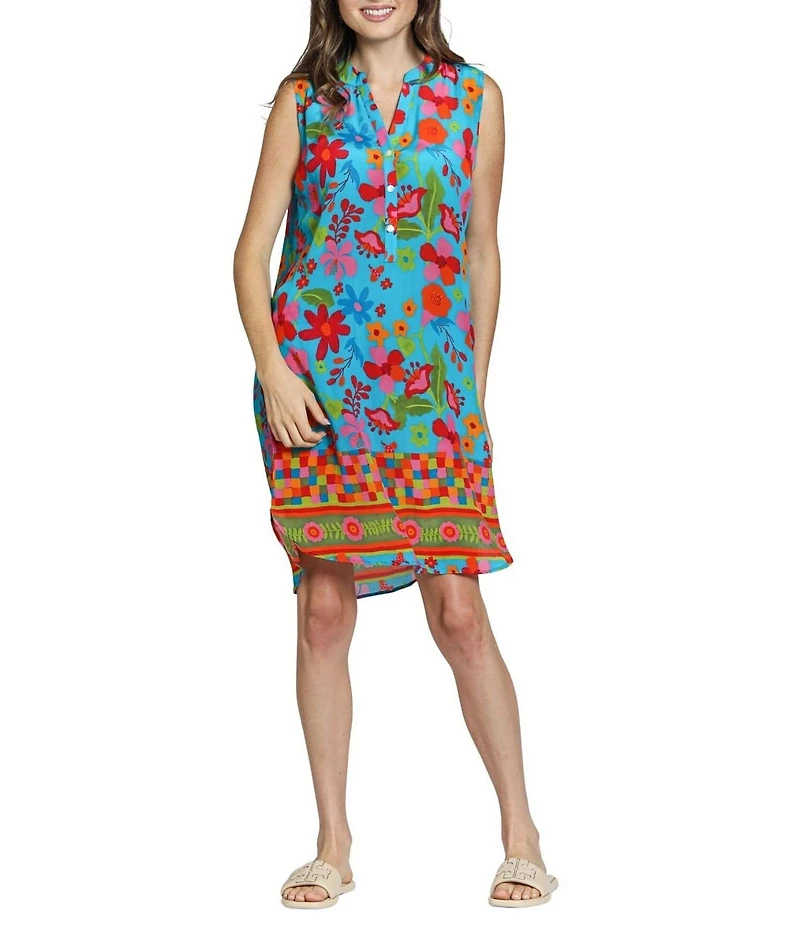 APNY Woven Floral Print Mandarin Collar Sleeveless Sheath Dress