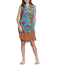 APNY Woven Floral Print Mandarin Collar Sleeveless Sheath Dress
