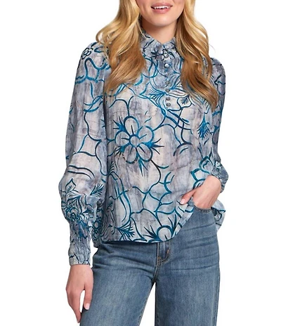 APNY Woven Floral Print Mock Neck Long Sleeve Blouse