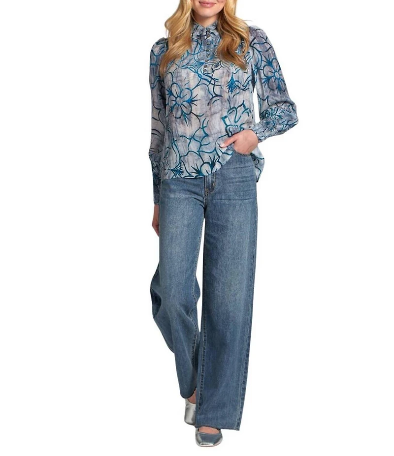 APNY Woven Floral Print Mock Neck Long Sleeve Blouse