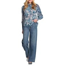 APNY Woven Floral Print Mock Neck Long Sleeve Blouse