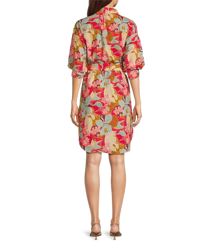 APNY Woven Floral Print Point Collar 3/4 Sleeves Shift Dress