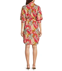 APNY Woven Floral Print Point Collar 3/4 Sleeves Shift Dress