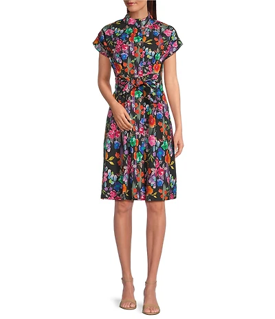 APNY Woven Floral Print Point Collar Short Sleeve Shirt Dress