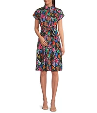 APNY Woven Floral Print Point Collar Short Sleeve Shirt Dress