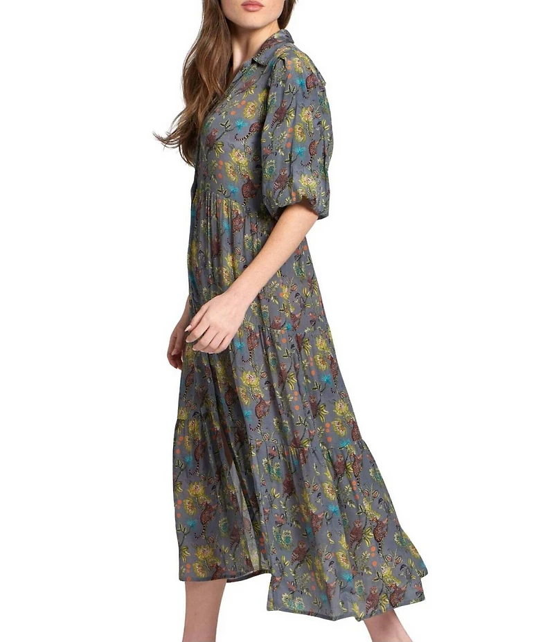APNY Woven Floral Print Spread Collar 3/4 Sleeve Tiered A-Line Midi Dress