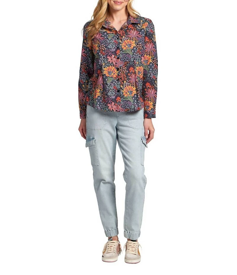 APNY Woven Floral Print Spread Collar Long Sleeve Button Down Shirt