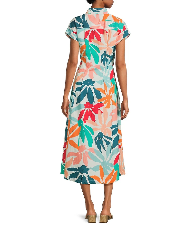 APNY Woven Floral Print Stand Collar Cap Sleeve Tie Front Shirt Midi Dress