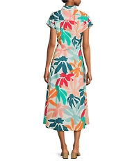 APNY Woven Floral Print Stand Collar Cap Sleeve Tie Front Shirt Midi Dress