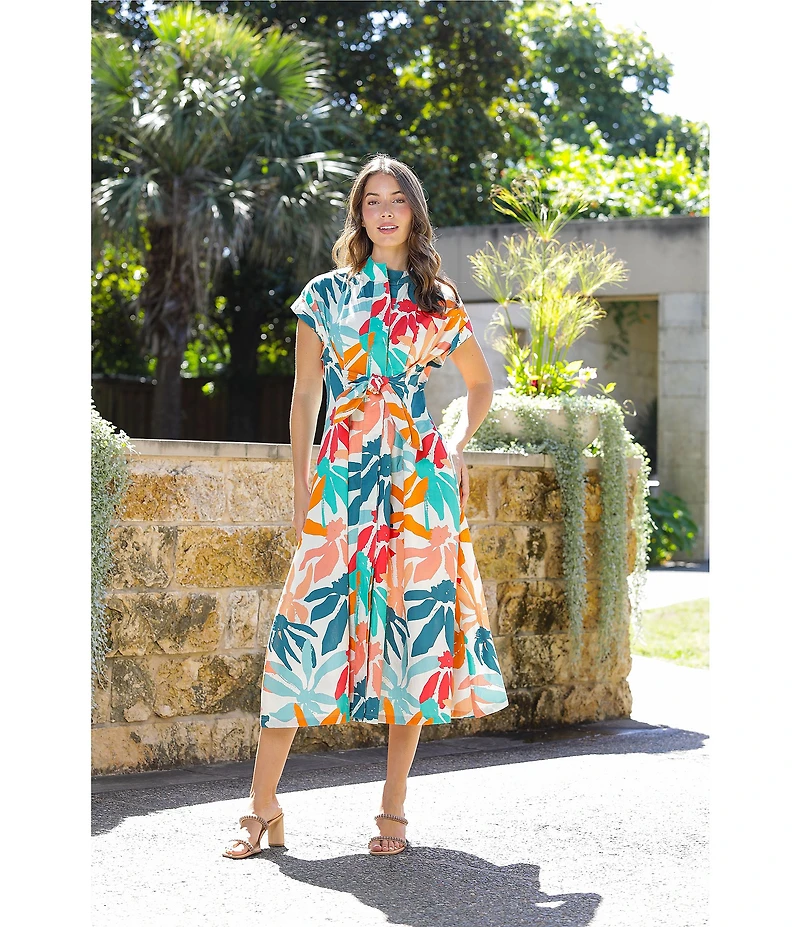 APNY Woven Floral Print Stand Collar Cap Sleeve Tie Front Shirt Midi Dress