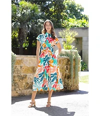 APNY Woven Floral Print Stand Collar Cap Sleeve Tie Front Shirt Midi Dress