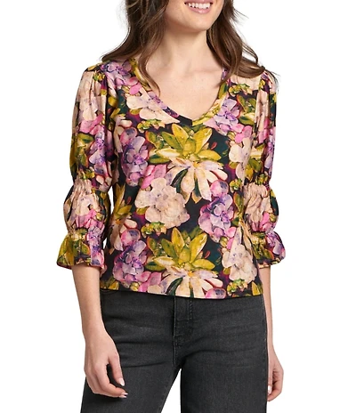 APNY Woven Floral Print V-Neck 3/4 Sleeve Blouse