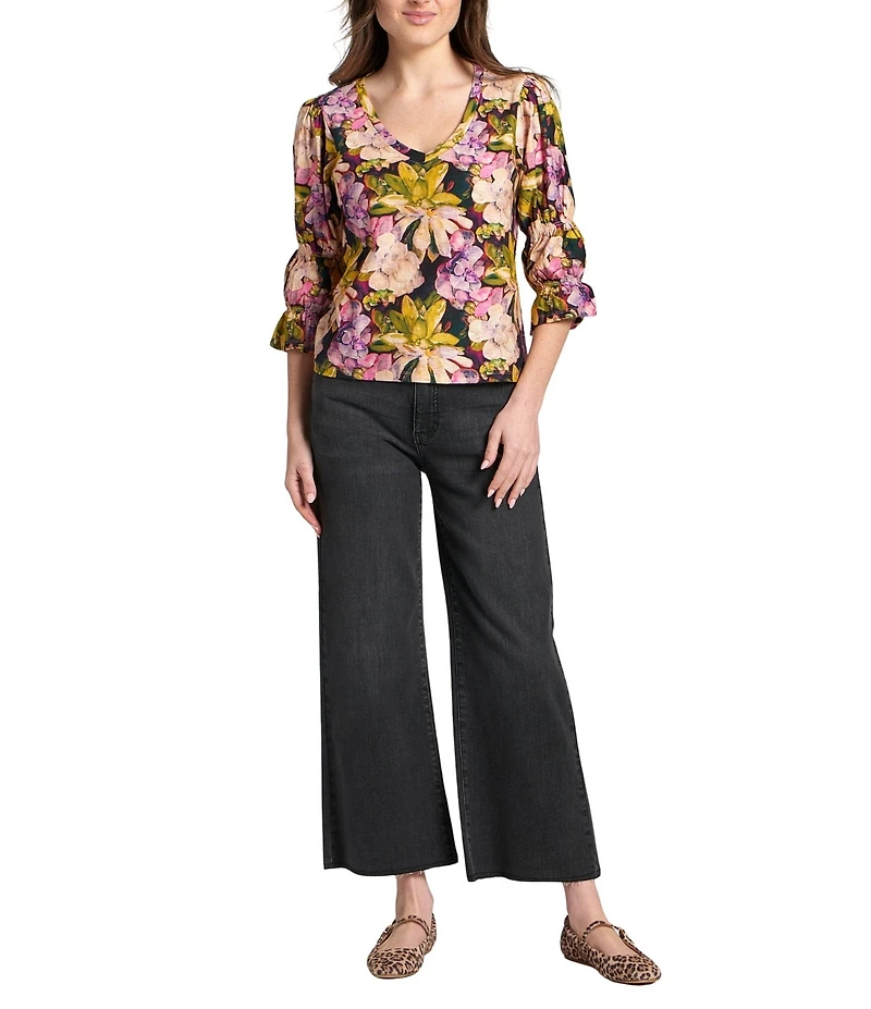 APNY Woven Floral Print V-Neck 3/4 Sleeve Blouse