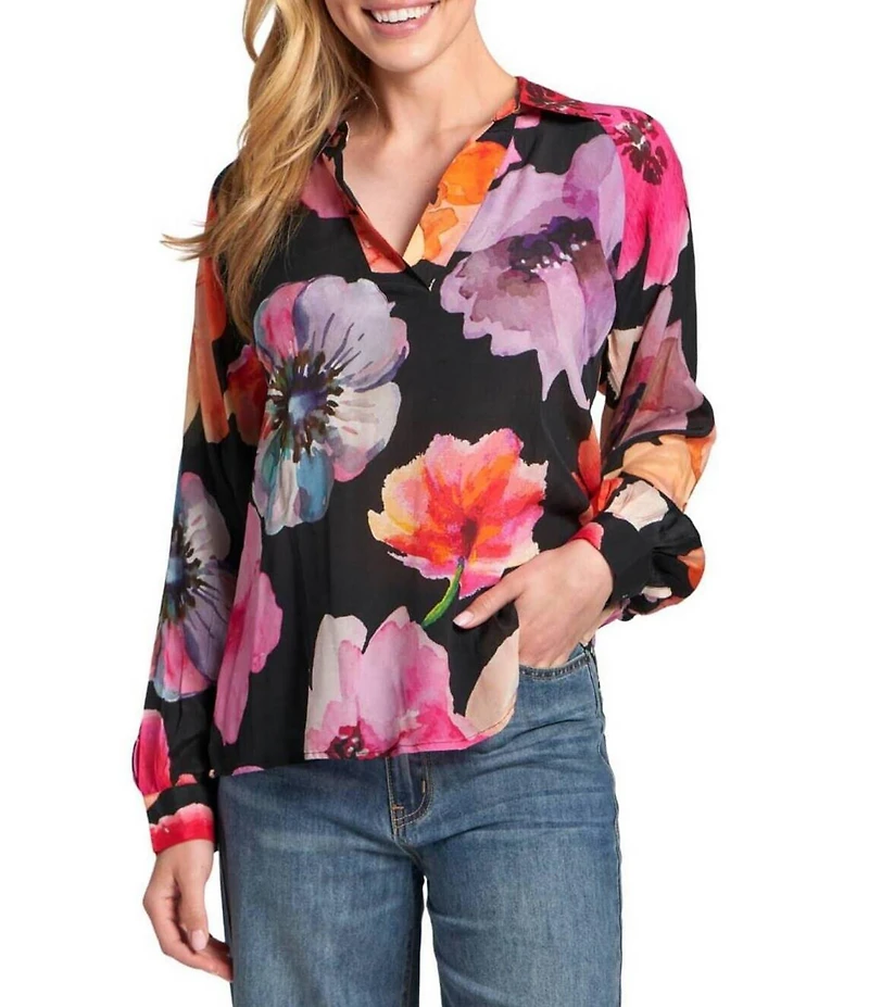 APNY Woven Floral Print V-Neck Long Sleeve Blouse