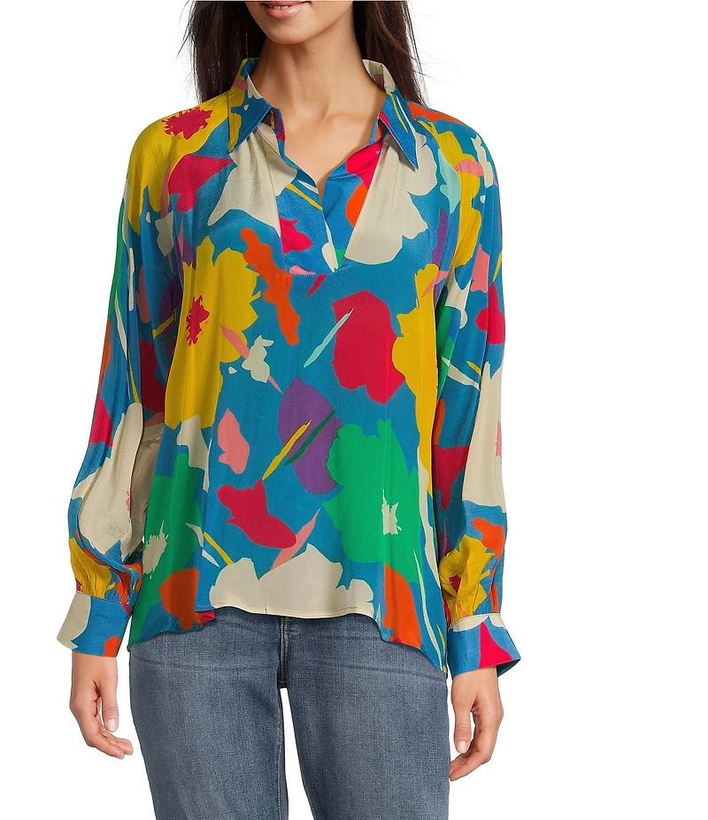 APNY Woven Floral Print V-Neck Long Sleeve Pullover Blouse