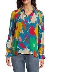 APNY Woven Floral Print V-Neck Long Sleeve Pullover Blouse