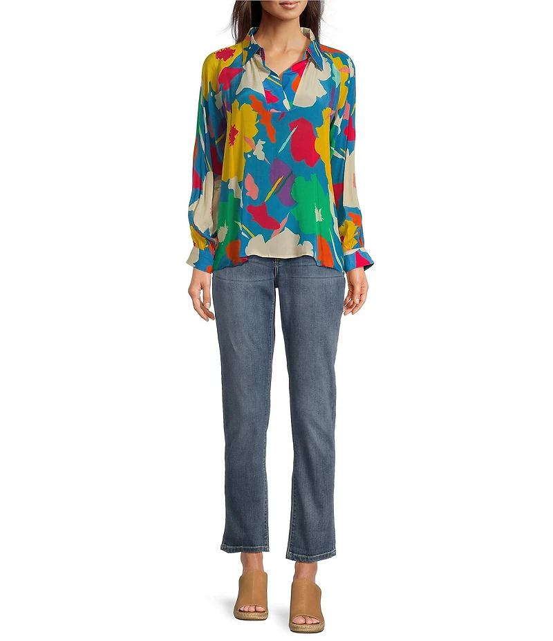 APNY Woven Floral Print V-Neck Long Sleeve Pullover Blouse