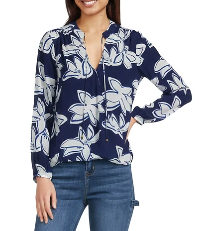 APNY Woven Floral Print V-Neck Long Sleeve Tassel Top