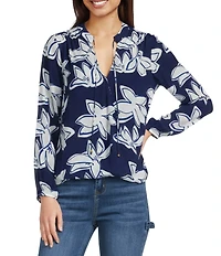 APNY Woven Floral Print V-Neck Long Sleeve Tassel Top