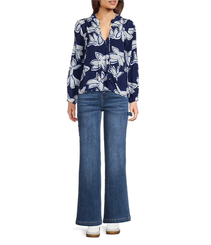 APNY Woven Floral Print V-Neck Long Sleeve Tassel Top