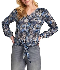 APNY Woven Floral Print V-Neck Long Sleeve Tie Front Top