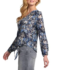 APNY Woven Floral Print V-Neck Long Sleeve Tie Front Top