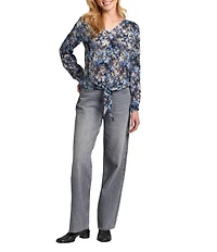APNY Woven Floral Print V-Neck Long Sleeve Tie Front Top