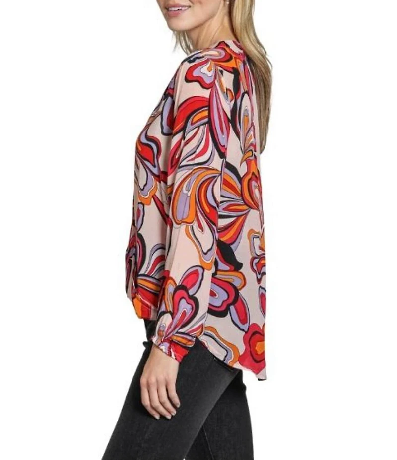 APNY Woven Floral Print V-Neck Long Sleeve With Tassel Top