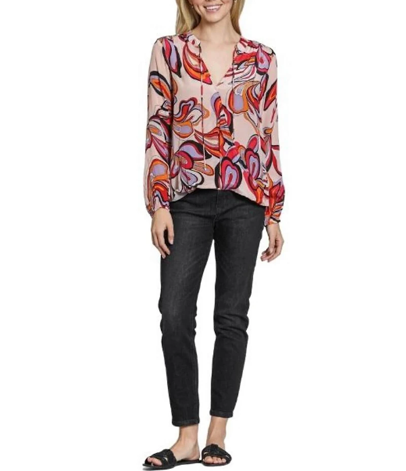 APNY Woven Floral Print V-Neck Long Sleeve With Tassel Top