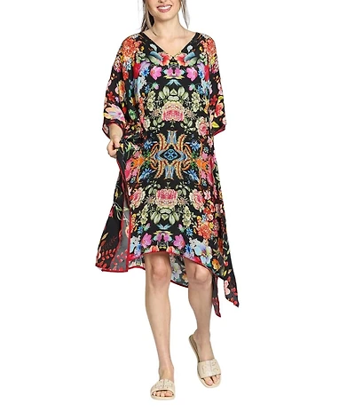 APNY Woven Floral Print V-Neck Short Sleeve Handkerchief Hem Kaftan Dress