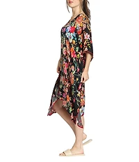 APNY Woven Floral Print V-Neck Short Sleeve Handkerchief Hem Kaftan Dress