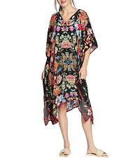 APNY Woven Floral Print V-Neck Short Sleeve Handkerchief Hem Kaftan Dress
