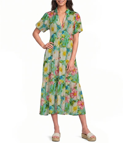 APNY Woven Floral Print V-Neck Short Sleeve Midi Shirt Dress