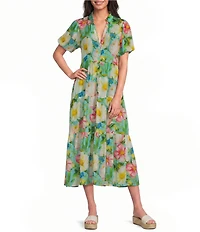 APNY Woven Floral Print V-Neck Short Sleeve Midi Shirt Dress