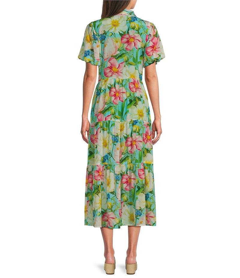 APNY Woven Floral Print V-Neck Short Sleeve Midi Shirt Dress