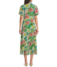 APNY Woven Floral Print V-Neck Short Sleeve Midi Shirt Dress